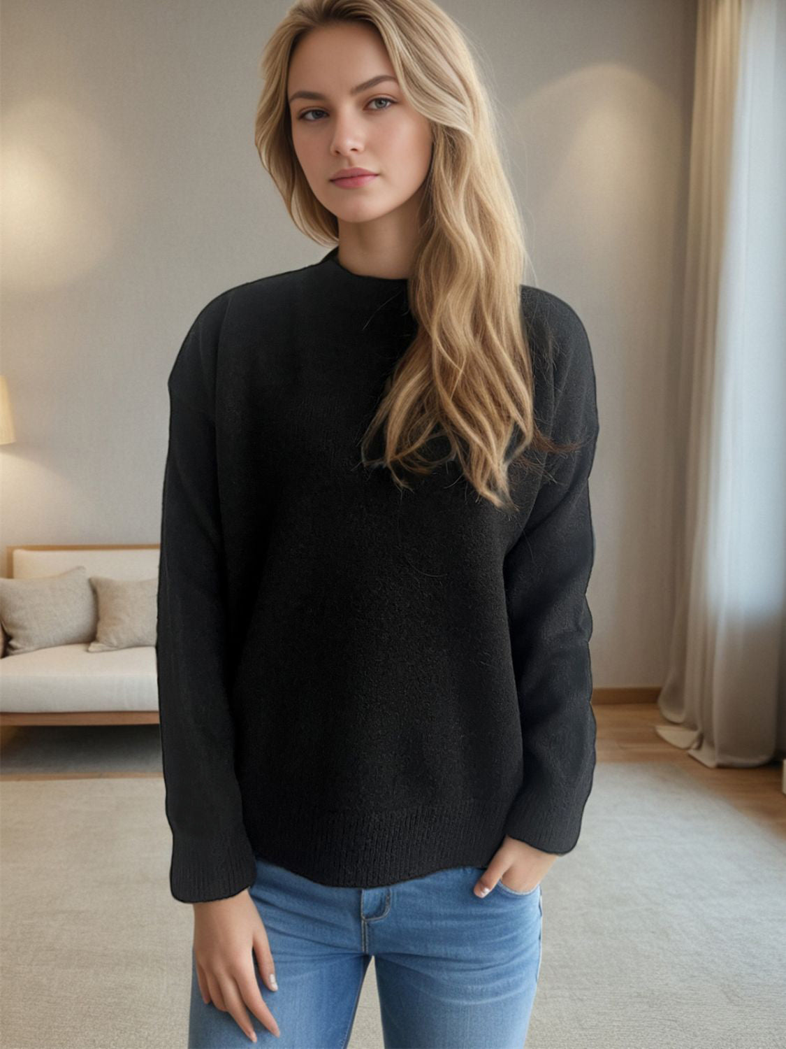 Round Neck Drop Shoulder Long Sleeve Sweater