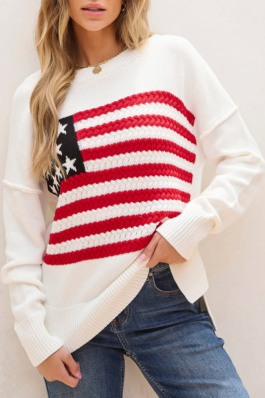 US Flag Round Neck Long Sleeve Knit Top