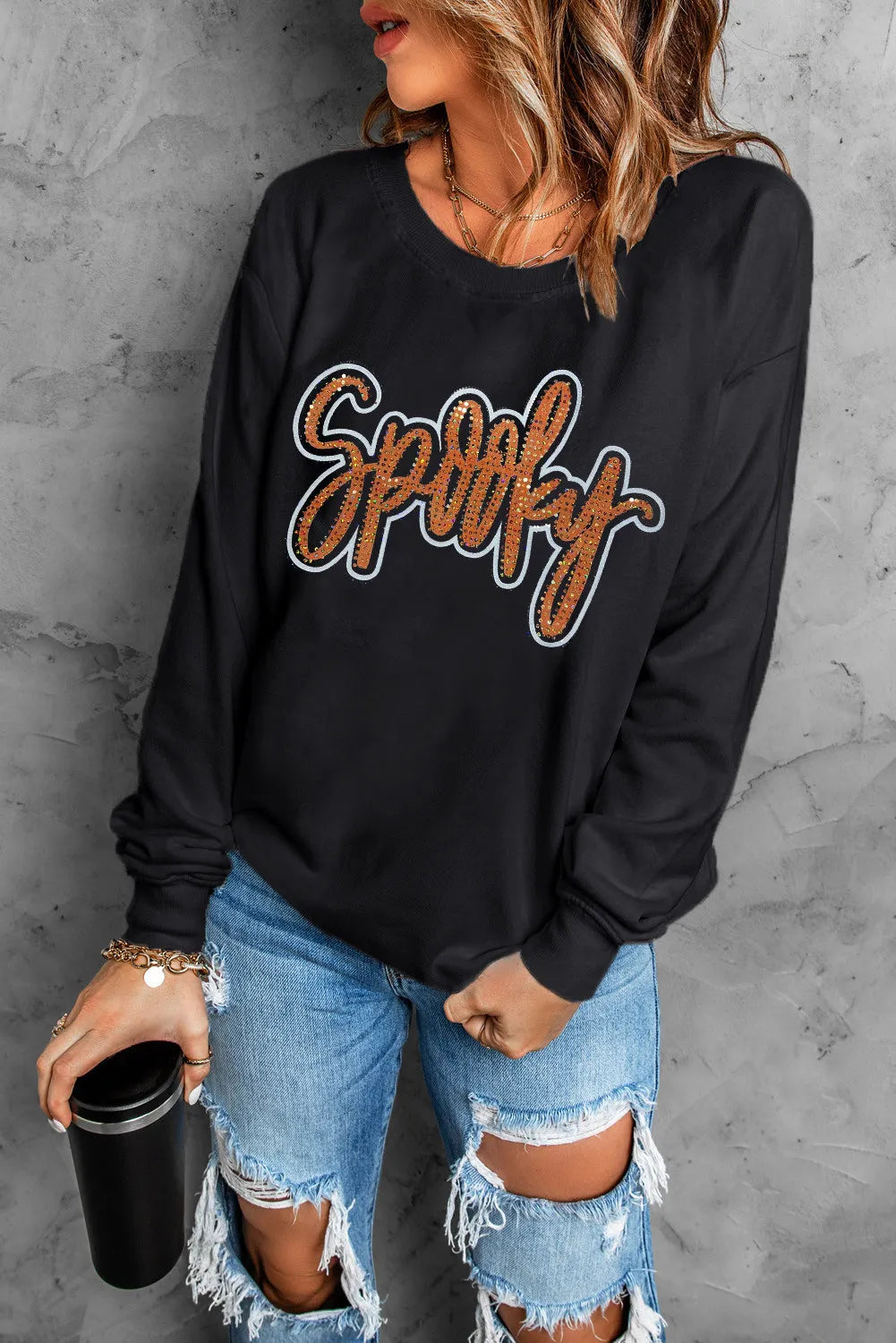 SPOOKY Rhinestone Round Neck Long Sleeve Sweatshirt