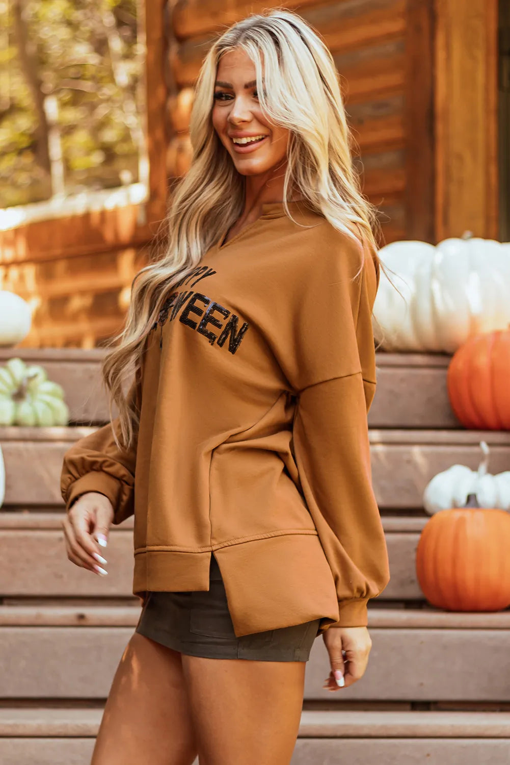 Sequin Letter Graphic Notched Long Sleeve Sweatshirt