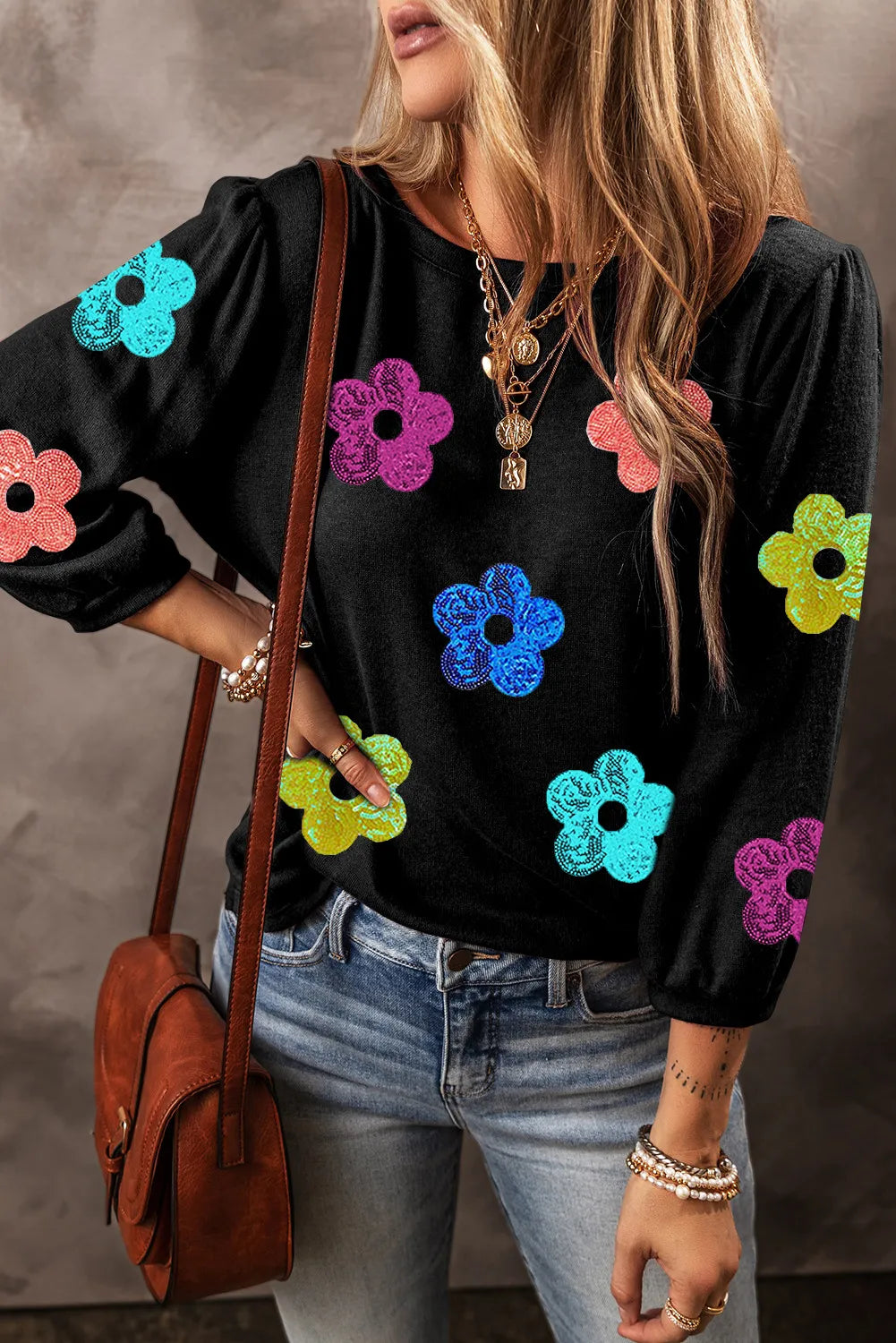 Sequin Flower Round Neck Blouse